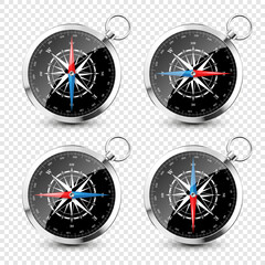 Realistic silver vintage compass with marine wind rose and cardinal directions of North, East, South, West. Shiny metal navigational compass. Cartography and navigation. Vector illustration.