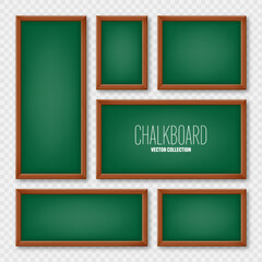Realistic various chalkboards in a wooden frame. Green restaurant menu board. School blackboard, writing surface for text or drawing. Blank advertising or presentation boards. Vector illustration