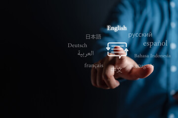 Businessman touching to virtual translation or translate on the mobile app worldwide language...