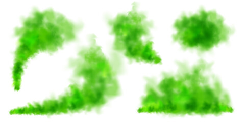 Fototapeta na wymiar Green colorful smoke clouds isolated on white background, realistic mist effect, fog. Vapor in the air, steam flow. Vector illustration
