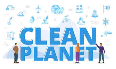 clean planet concept with big words and people surrounded by related icon spreading with modern blue color style