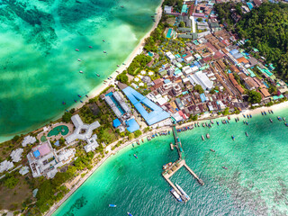 Aerial view of Ton Sai Beach in Koh Phi Phi, Krabi Thailand