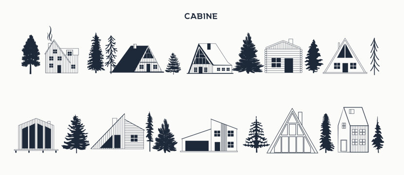 Collection of  Cozy Cottage and trees Icons, Symbols, Elements with wild wood cabin, forest houses. Perfect for create logotype. Minimalistic one line design. Editable Vector Illustration.