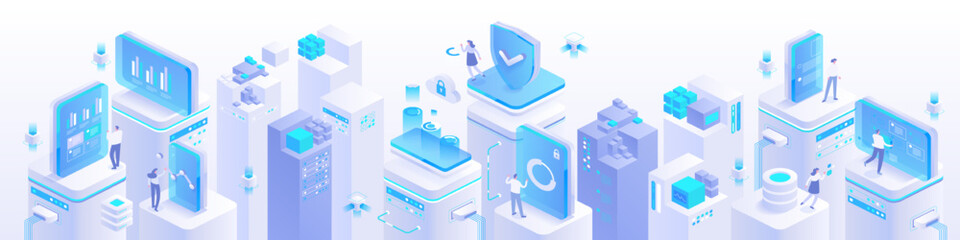 High tech, science, futuristic modern concept. Digital technology, deep learning and big data. Detailed abstract isometric vector illustration for screen template or banner background - 545592902