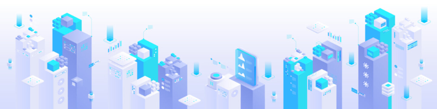 High tech, science, futuristic modern concept. Digital technology, deep learning and big data. Detailed abstract isometric vector illustration for screen template or banner background