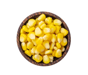 Corn seeds in wood bowl isolated on transparent png