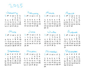 2025年手描きシンプルカレンダー