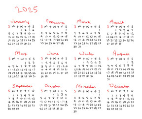 2025年手描きシンプルカレンダー