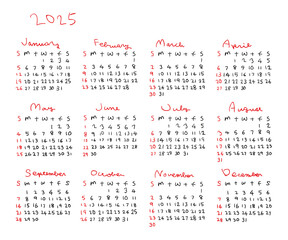 2025年手描きシンプルカレンダー