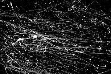 White Paint Splatter Isolated On Black Background. Distressed Overlay Texture. Water Splash Silhouette. Grunge Design Elements. Vector Illustration, EPS 10.
