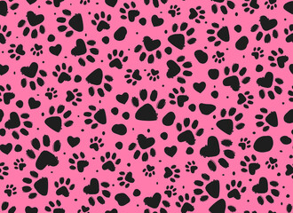 Animal paw print seamless pink and black pattern. Dalmatian Spots.Vector hand-drawn background. 