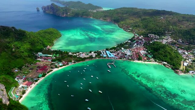 Aerial view of Ton Sai Beach in Koh Phi Phi, Krabi Thailand