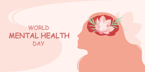 Silhouette of a woman with flowers in her head. Mental health. Poster. 