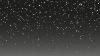 Different realistic falling snow or snowflakes. Falling snow isolated on black background. Winter snowfall illustration. Bokeh lights on black background, flying snowflakes in the air. Snow at night.