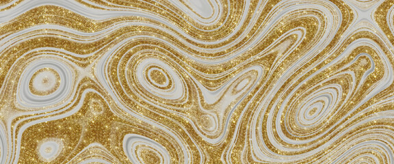 Golden Luxury Background. Colorful Liquid Texture with Gold Glitter. Beautiful Marble Ties Design. Modern Drawing with The Divorces and Wavy Lines in Gray Tones. Gold Metallic Surface.