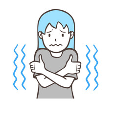 寒がっている女性、冷えてブルブル震えている人。シンプル