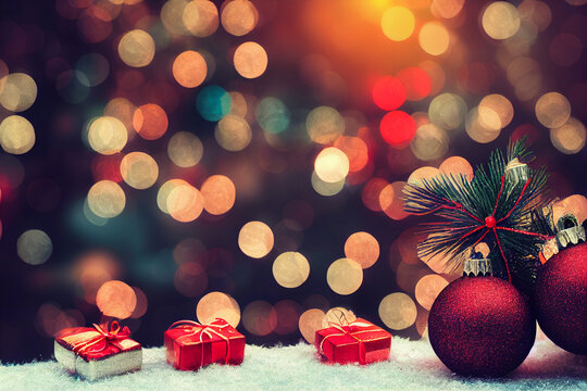 christmas tree with gift boxes and red christmas balls bokeh background