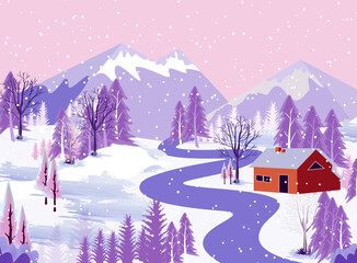 Winter mountains landscape with mountains and trees on  vector background with snowflakes falling from the sky. Cartoon winter scenery of cold weather and village forest, snowy hills and fields