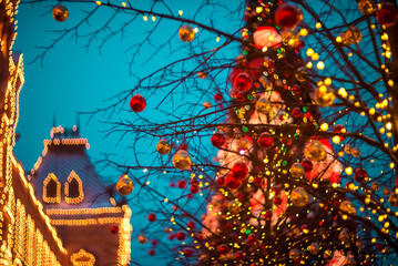 Blurred Christmas background made of Christmas tree lights