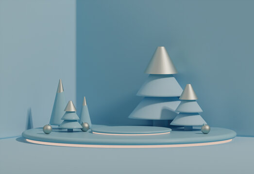 Minimal scene with pine trees, balls and podium. Pastel blue shapes. For christmas holiday winter concept and magazines, poster, banner. 3D rendering
