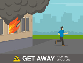 Obraz premium Fire safety activity. Young man runs away from the fire. Get away from the structure. Escaping the building in flame. Flat vector illustration template.