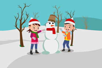 Cartoon of Cute Kids Playing in The Snow