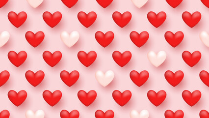 Seamless background with many realistic red and white hearts on light pink background.