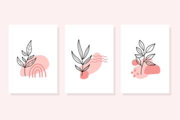 Set of hand draw floral line art  with abstract shape.Minimal botanical wall art.Abstract line art composition with leaves.Postcards or Covers, Prints, Posters.