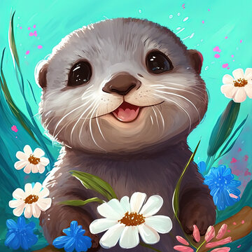 Adorable Baby Otter with Flowers Watercolor Illustration