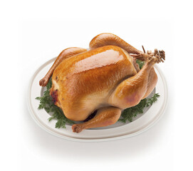 Thanksgiving turkey on a platter, white background