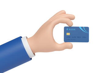 Cartoon hand with credit card isolated on white background. 3d illustration.