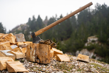 An ax stuck in a cut piece of wood on a mountain