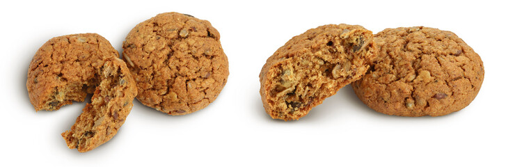 oatmeal cookies with flax, pumpkin and sunflower seeds isolated on white background with full depth of field. Top view. Flat lay