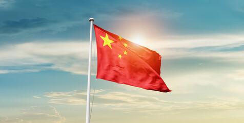 China national flag cloth fabric waving on the sky - Image
