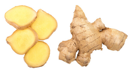 slice of fresh Ginger root isolated on white background with copy space for your text. Top view....