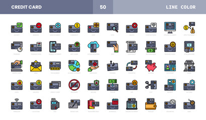 Set of Credit Card Vector Filled Line Icons. Consist Icons as Deposit or Withdraw Funds, Money Transfer, Payment, Contactless and more.