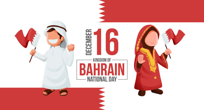 Bahrain National Day With Cartoon Kids Holding Flag Illustration Concept