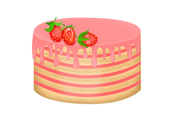Drawn strawberry cake in pink color isolated on white background.