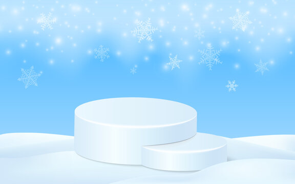 Winter scene with cylinder podium. Christmas stage on snow background. Vector 3d illustration glowing snowflakes falling. Winter landscape, blue sky, snowstorm. Empty space for product design.