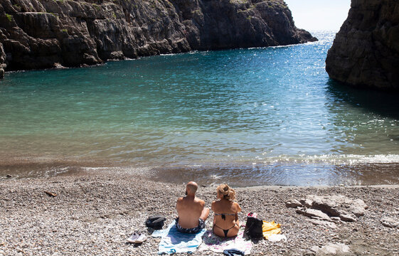 tourists in Crapolla fjord in Torca, on the Amalfi coast. there are remains of Roman ruins
