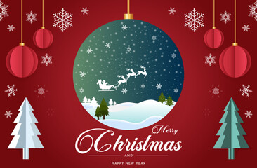 Merry Christmas and Happy New Year greeting card. Seasonal holidays paper art banner, poster