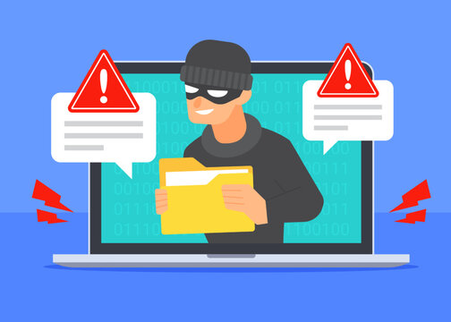 Hacker steals document folder icon in laptop. Danger cyber security threat warning alert. Cybercrime or data breach, computer file hacking concept. Flat cartoon vector design. Technology illustration.