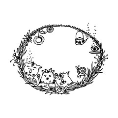 Vintage black and white frame with cute kittens and sweet donuts. Label and tag for a pleasant tea party. Design for printing menus and postcards.