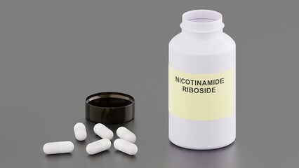 Nicotinamide riboside. Pills with Nicotinamide riboside. 3d illustration. Popular Dietary Supplement.