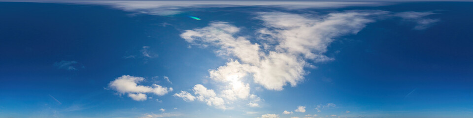 Blue sky panorama with puffy Cumulus clouds. Seamless hdr pano in spherical equirectangular format....