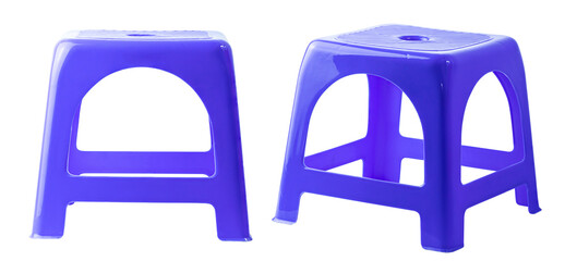 Two blue plastic chairs isolated on white background.