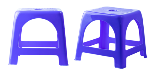 Two blue plastic chairs isolated on white background.