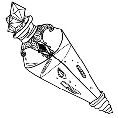 Potion magic bottle. Decorative magic bottle with a potion inside and a crystals cluster on a cork. Oneline black and white vector drawing.