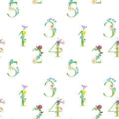 seamless pattern with watercolor drawing numbers with flowers and wild plants at white background, hand drawn illustration,floral design elements