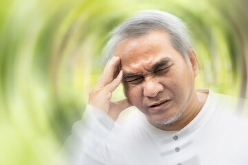 Old asian senior man suffering from headache, health and sickness concept for vertigo symptoms,...
